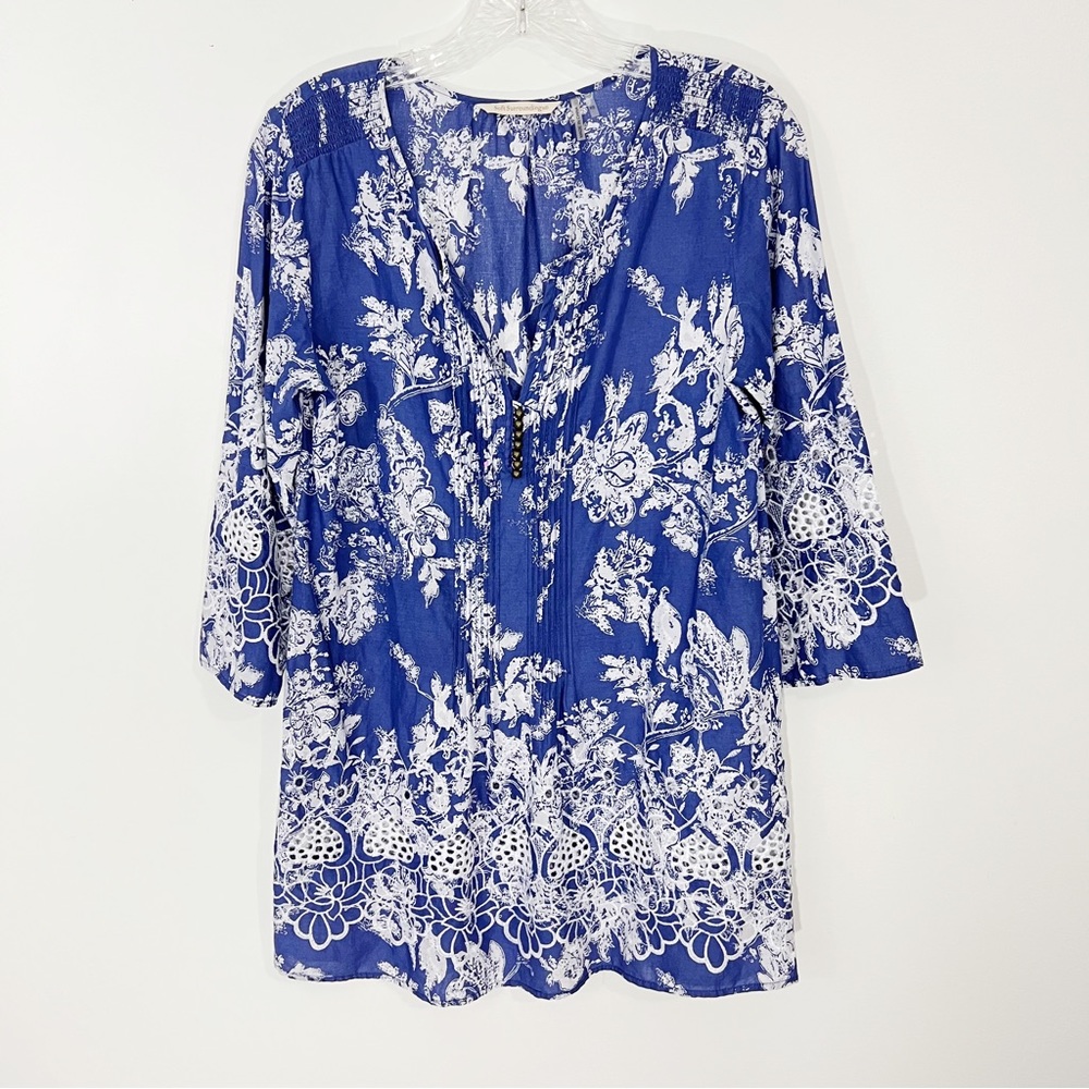 Soft Surroundings Pintuck Floral Embroidered Eyelet Tunic Size XS